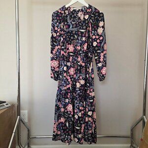 LOFT Navy Blue & Pink Floral V-Neck Tiered Midi Dress